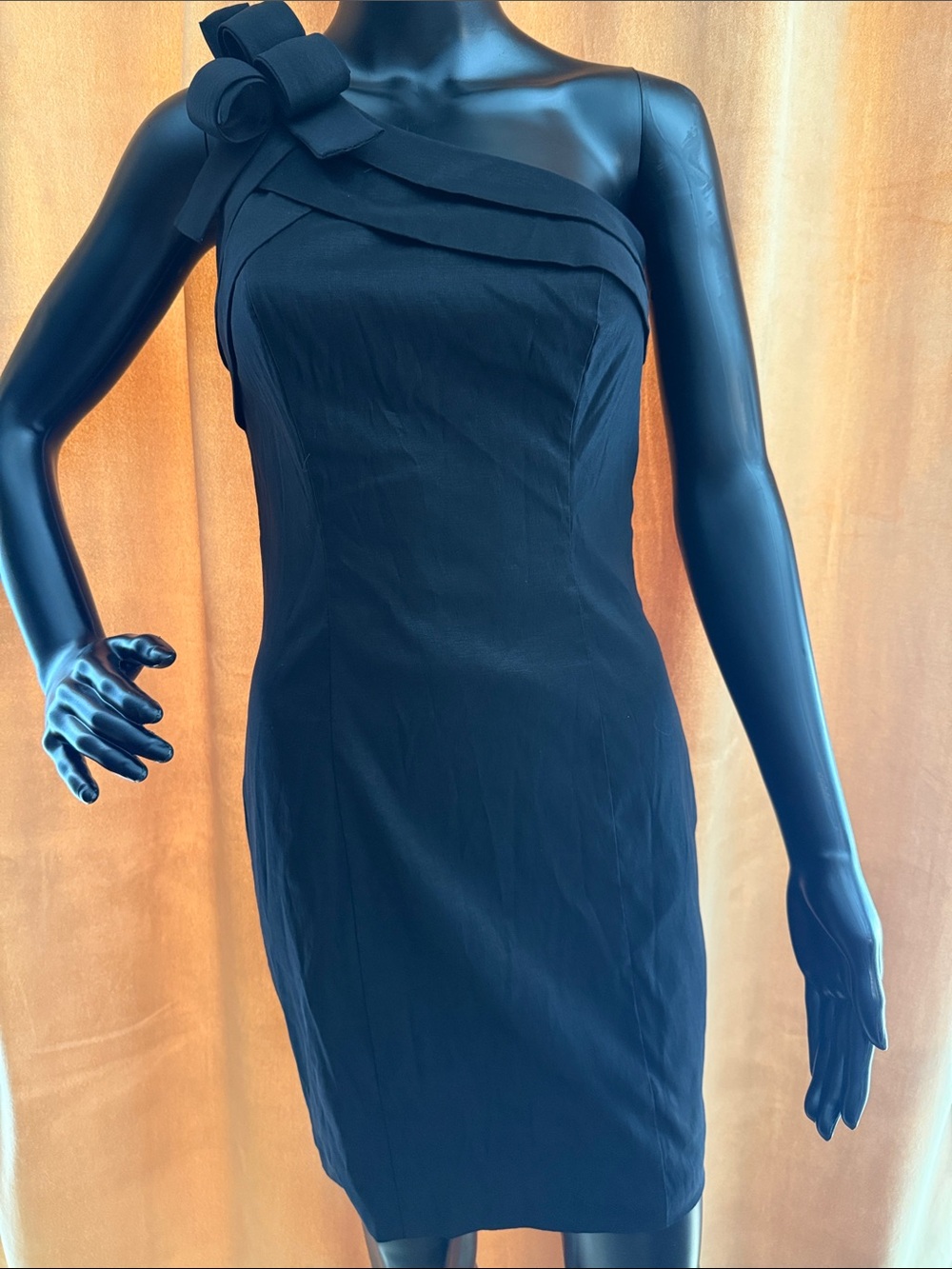 David's Bridal Black One-Shoulder Sheath Dress with Bow